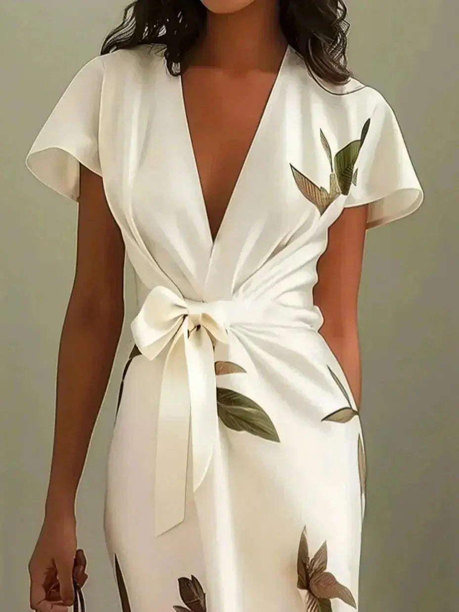 Evelyn | Women V Neck Tie Waist Midi Dress Luvy Boutique