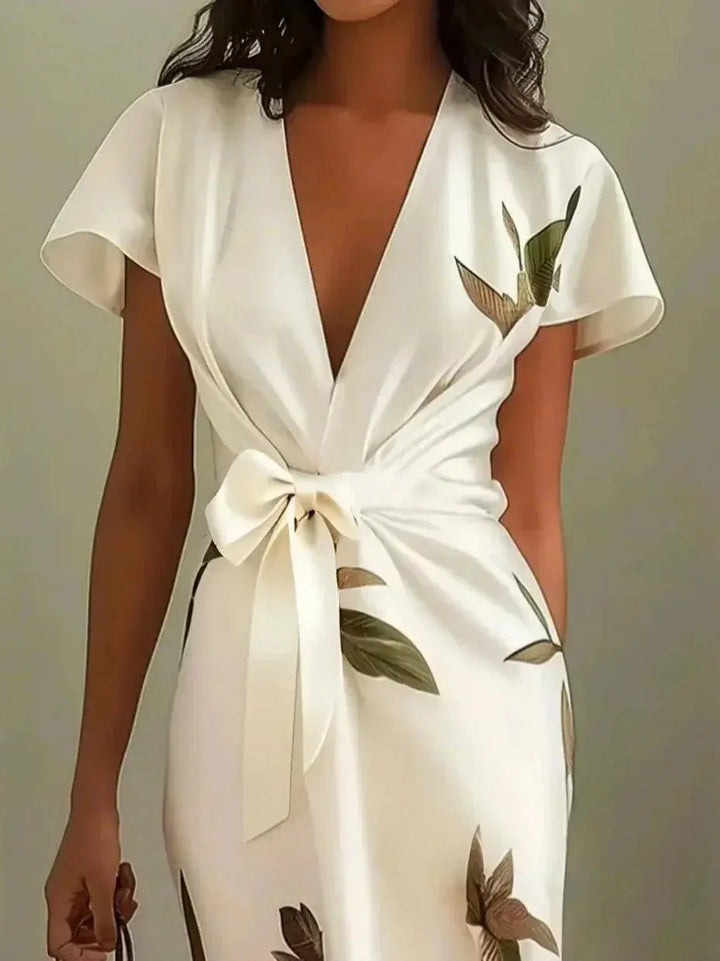 Evelyn | Women V Neck Tie Waist Midi Dress Luvy Boutique