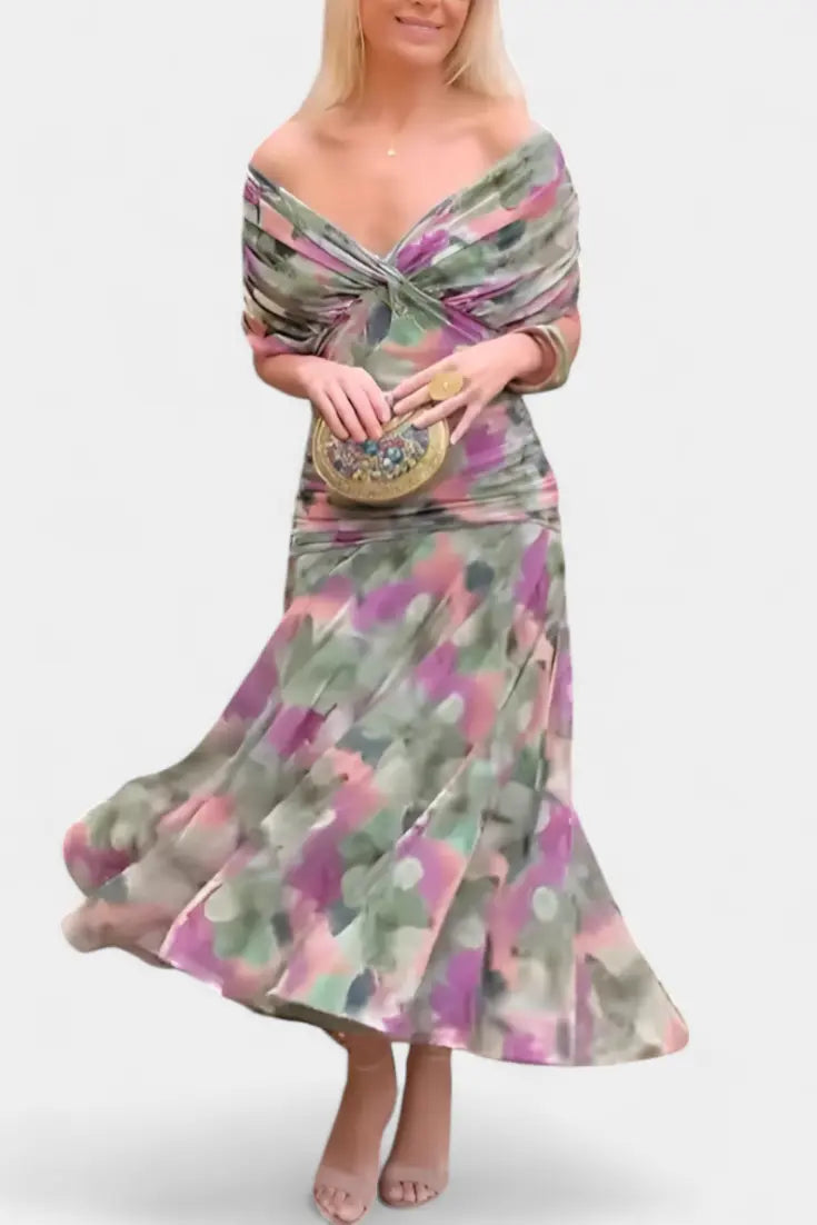 Ava | Women’s Off Shoulder Ruched Midi Dress Luvy Boutique