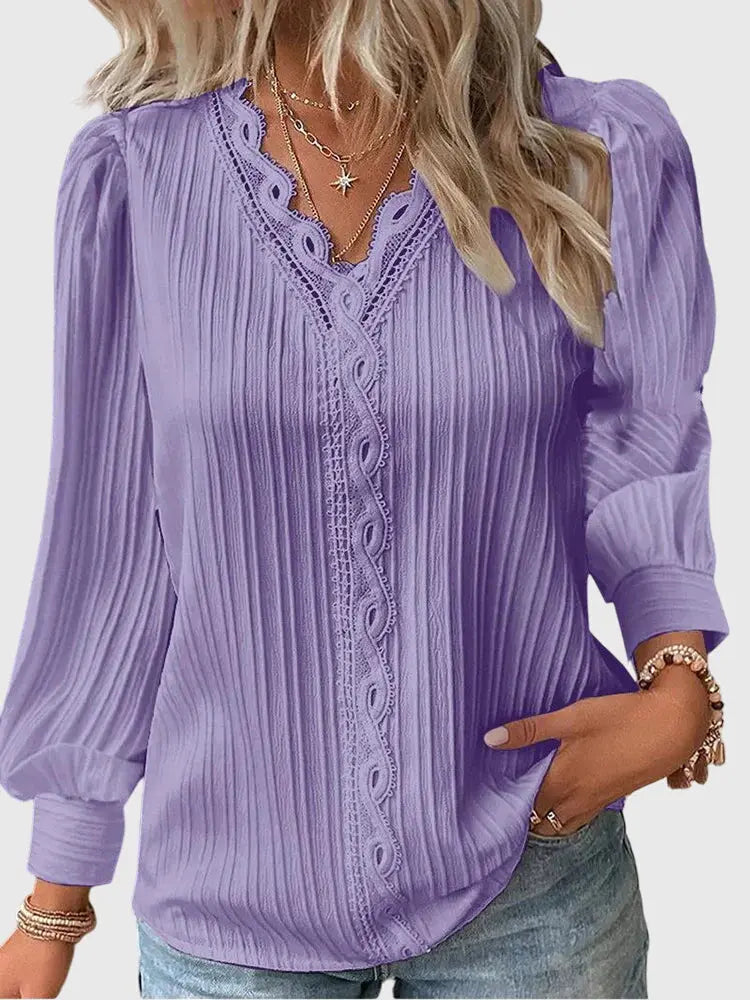 Brooklyn | Women’s Lace Trim V-Neck Pullover Blouse Luvy Boutique