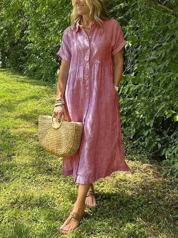 Victoria | Women’s Striped Button Front Midi Shirt Dress Luvy Boutique