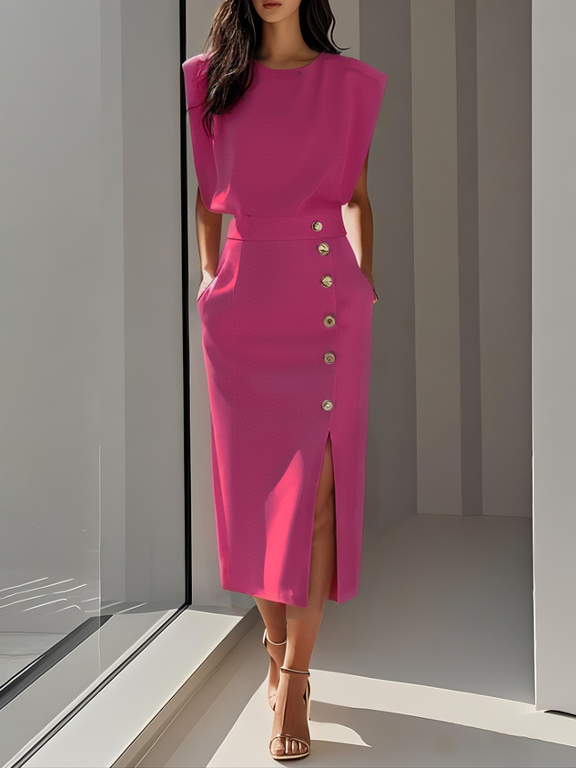 Caroline | Women’s Elegant Button Detail Midi Dress Luvy Boutique