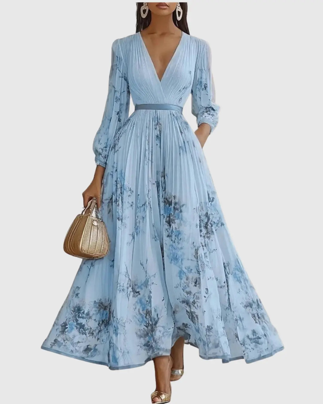 Fiona | Women Floral Pleated V Neck Maxi Dress Luvy Boutique