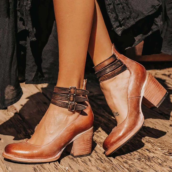 Brooklyn | Women's Strap Buckle Cutout Block Heel Shoes Luvy Boutique