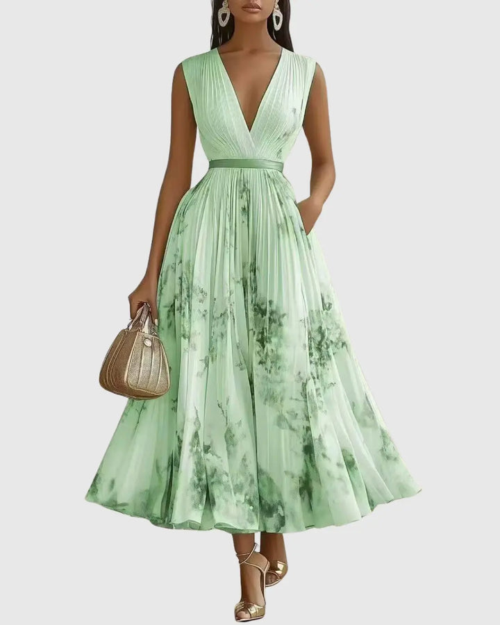 Fiona | Women Floral Pleated V Neck Maxi Dress Luvy Boutique