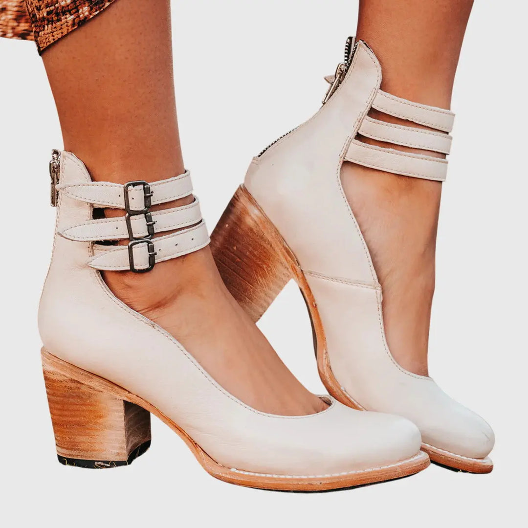 Bella | Womens Buckle Strap Block Heel Boots Luvy Boutique