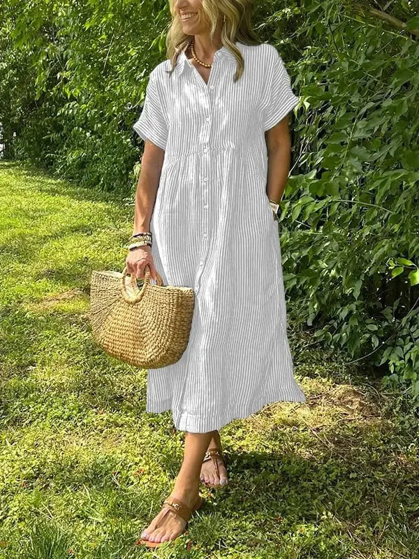 Victoria | Women’s Striped Button Front Midi Shirt Dress Luvy Boutique