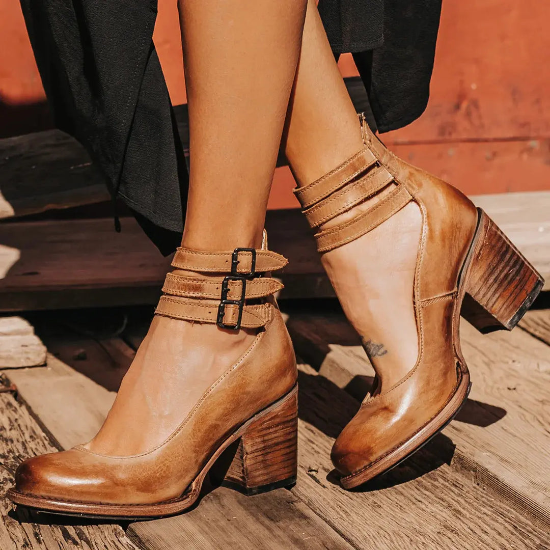 Brooklyn | Women's Strap Buckle Cutout Block Heel Shoes Luvy Boutique