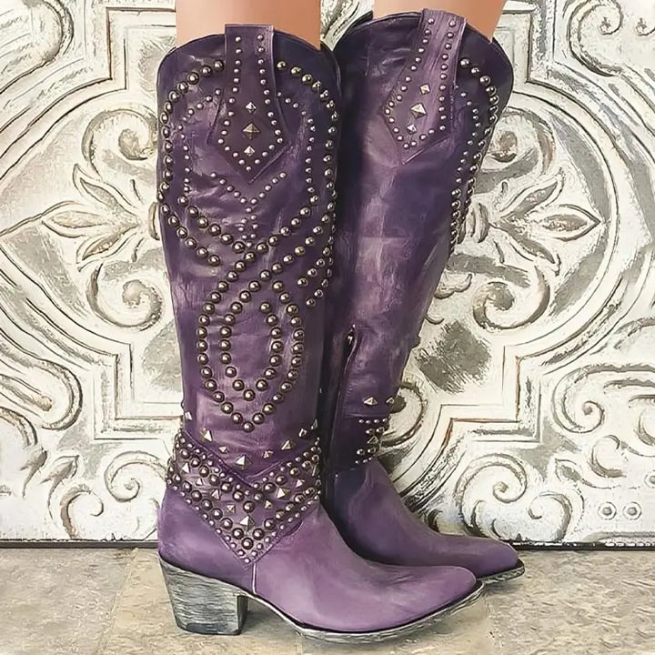 Audrey | Womens Knee High Studded Block Heel Boots Luvy Boutique