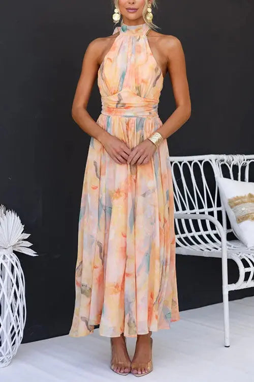Sari - Long Halter Dress with Watercolour Pattern Luvy Boutique