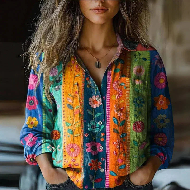 Blair | Women’s Vintage Print Button-Up Long Sleeve Blouse Luvy Boutique