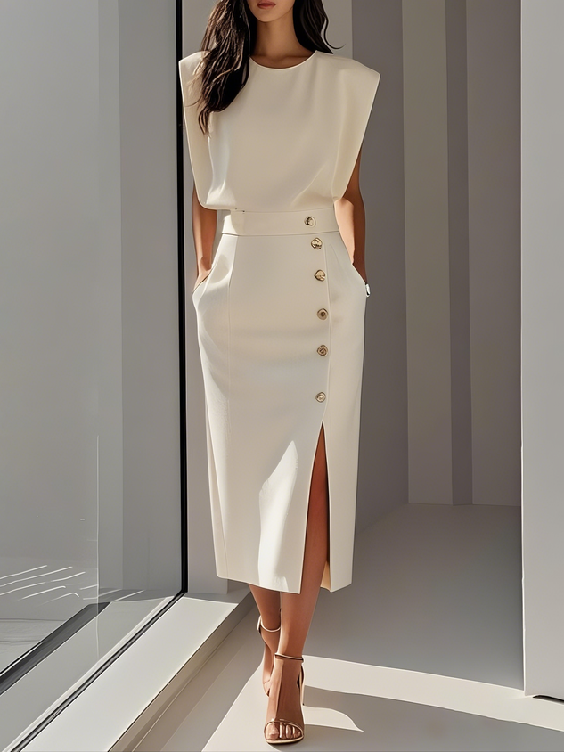 Caroline | Women’s Elegant Button Detail Midi Dress Luvy Boutique