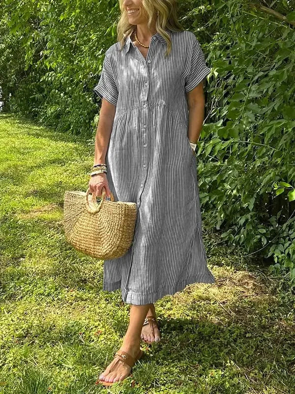Victoria | Women’s Striped Button Front Midi Shirt Dress Luvy Boutique