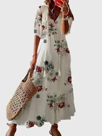 Ella | Women Printed Tassel V Neck Maxi Dress Luvy Boutique