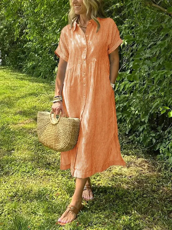 Victoria | Women’s Striped Button Front Midi Shirt Dress Luvy Boutique