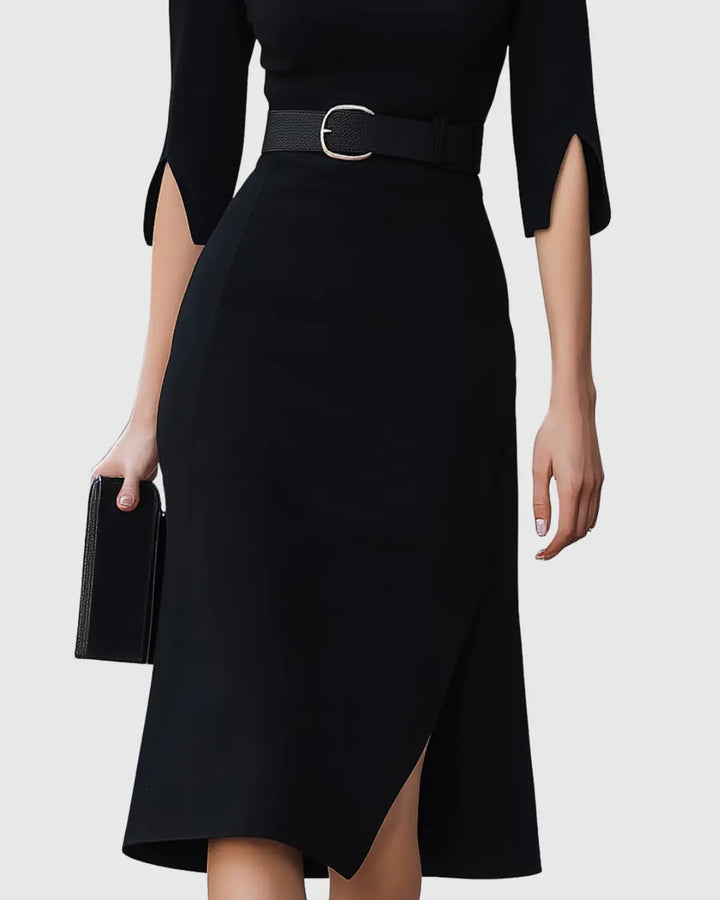 Eleanor | Womens Elegant Belted Midi Dress Luvy Boutique