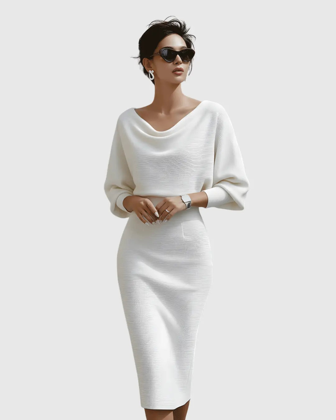 Chloe | Womens Elegant Draped Knit Midi Dress Luvy Boutique