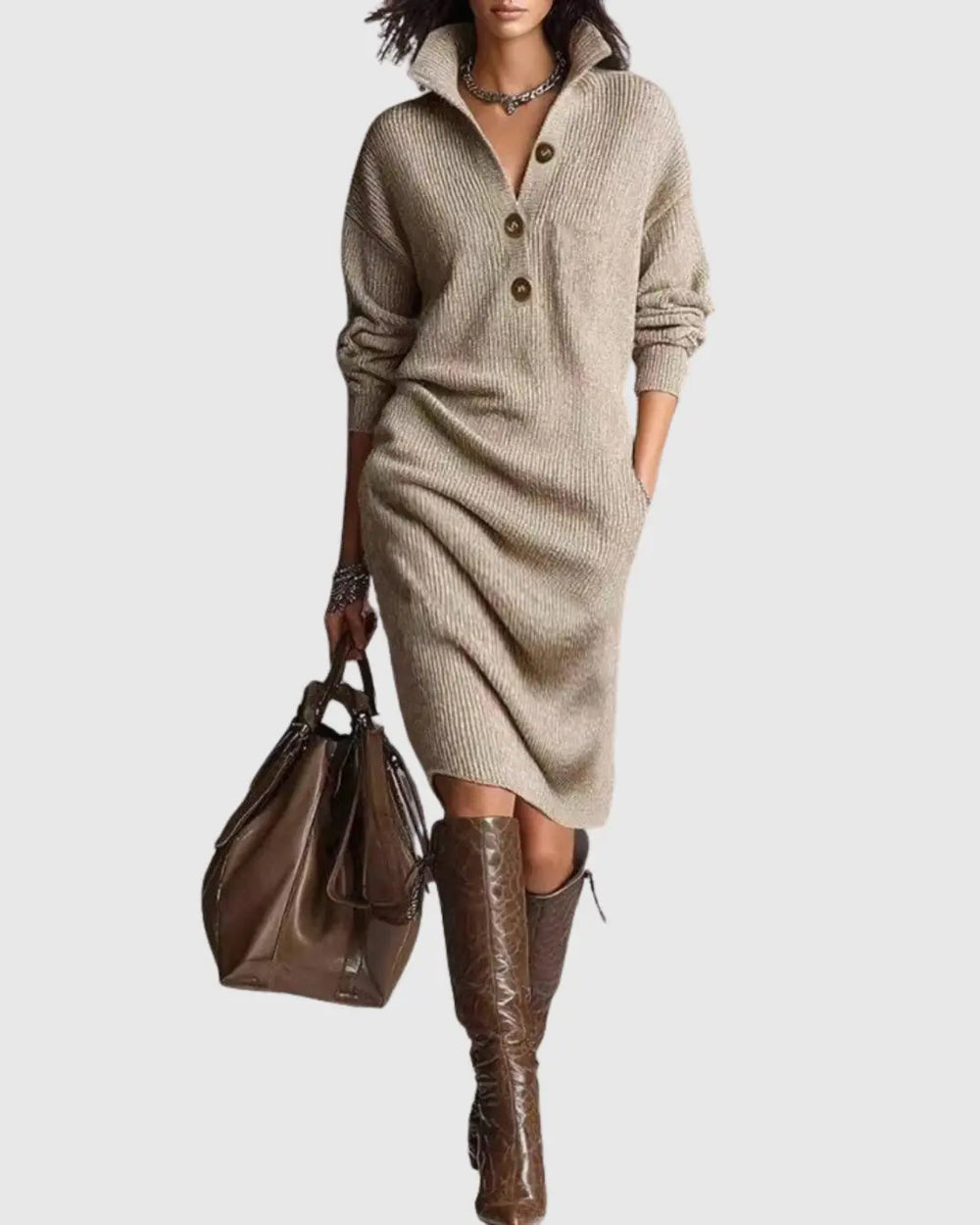 Addison | Women’s Button Collar Knit Midi Dress Luvy Boutique