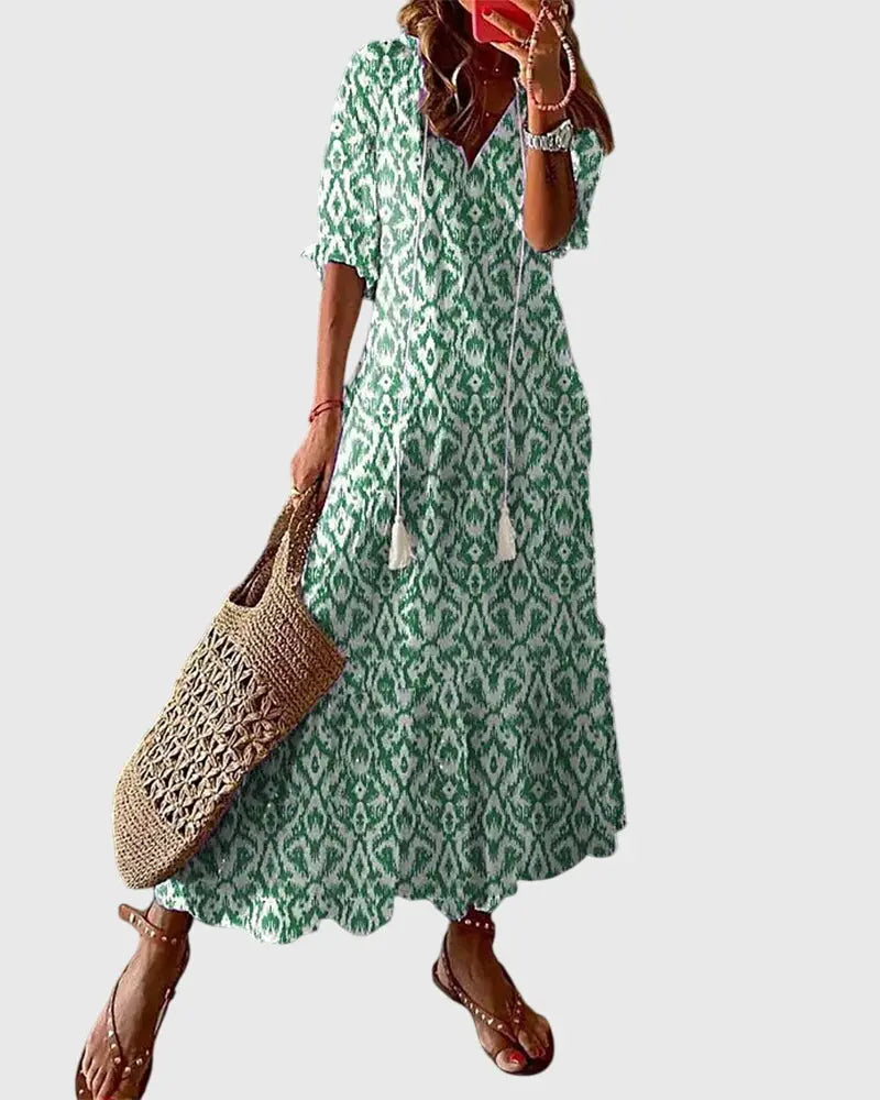 Ella | Women Printed Tassel V Neck Maxi Dress Luvy Boutique