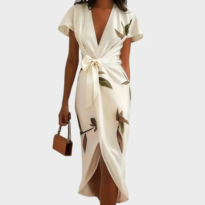 Evelyn | Women V Neck Tie Waist Midi Dress Luvy Boutique