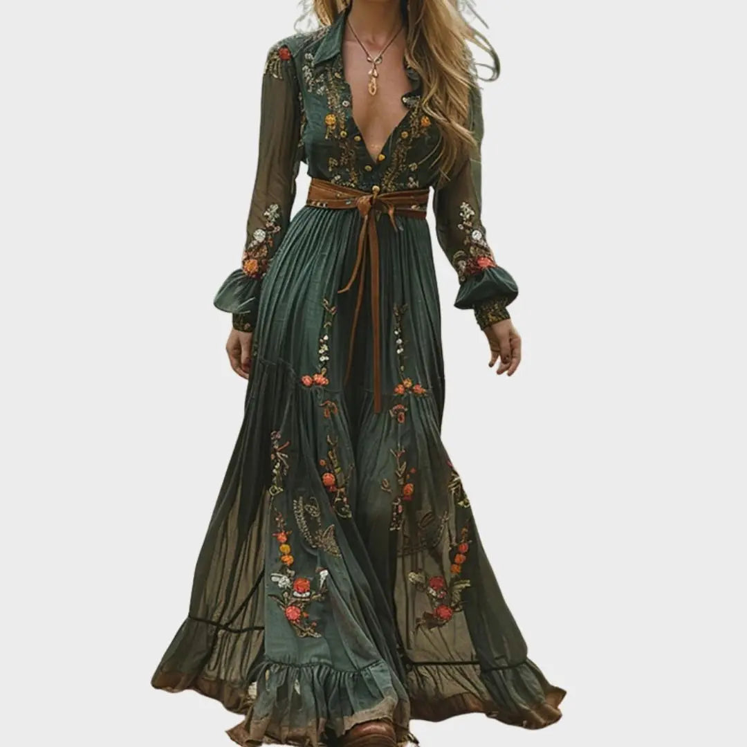 Ella | Women Floral Embroidered Boho Maxi Dress Luvy Boutique