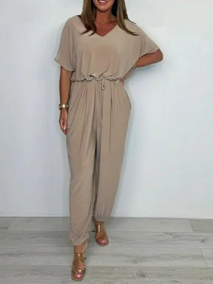 2025 Cotton jumpsuit with V-neck and tie belt Luvy Boutique