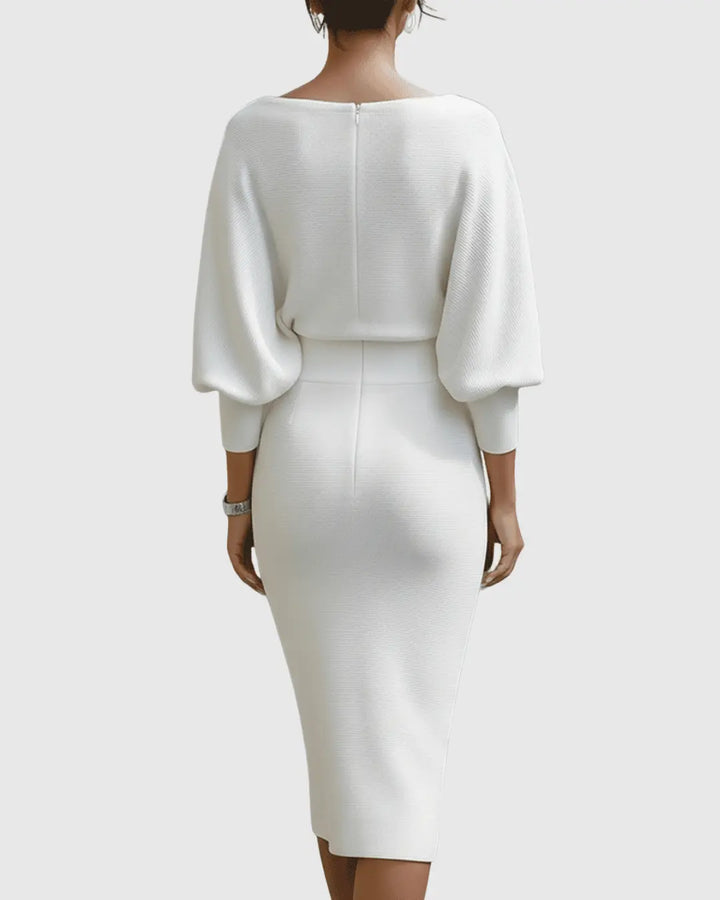 Chloe | Womens Elegant Draped Knit Midi Dress Luvy Boutique