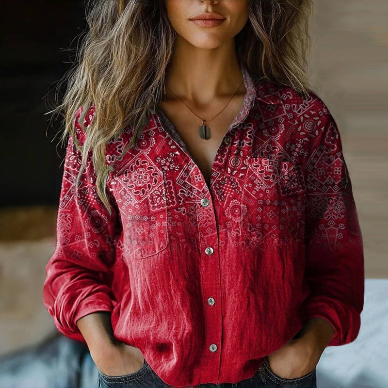 Blair | Women’s Vintage Print Button-Up Long Sleeve Blouse Luvy Boutique
