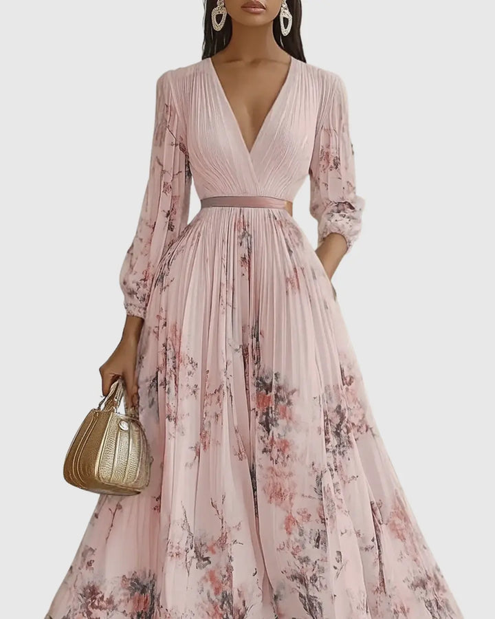 Fiona | Women Floral Pleated V Neck Maxi Dress Luvy Boutique