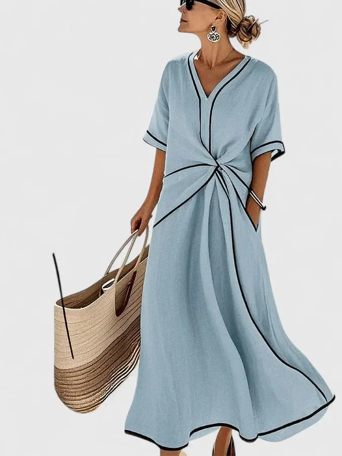 Emma | Womens V Neck Tie Waist Midi Dress Luvy Boutique