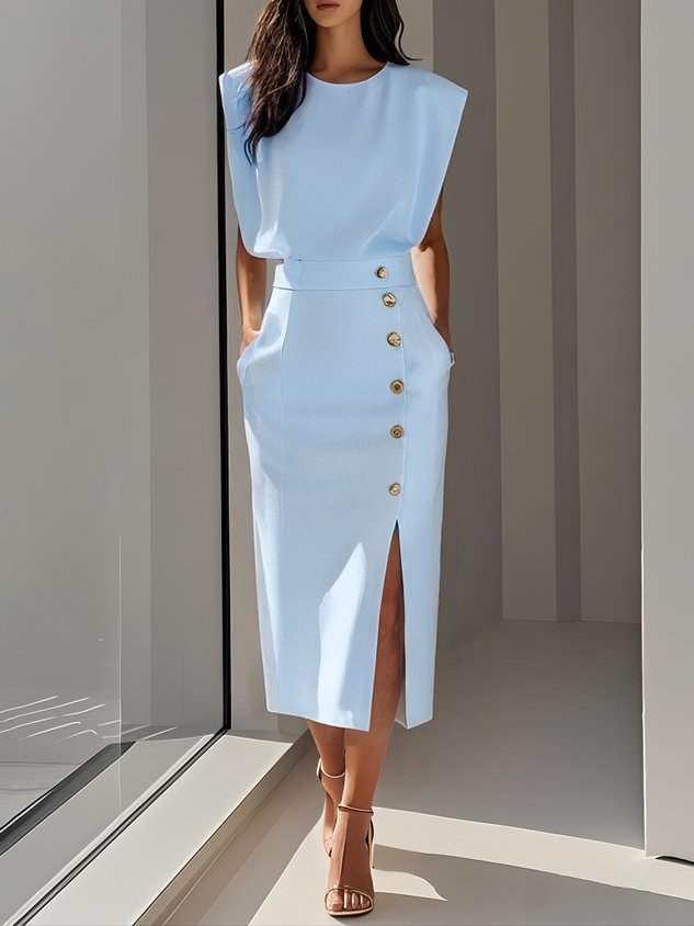 Caroline | Women’s Elegant Button Detail Midi Dress Luvy Boutique