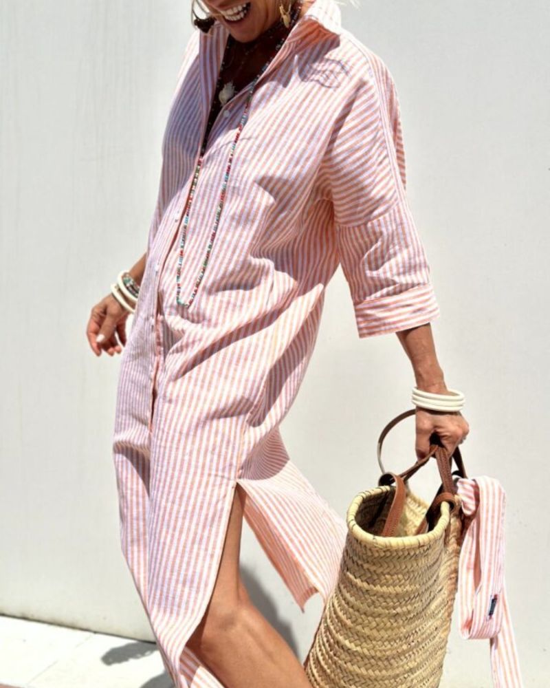 Destiny | Women’s Striped Button Front Midi Dress Luvy Boutique