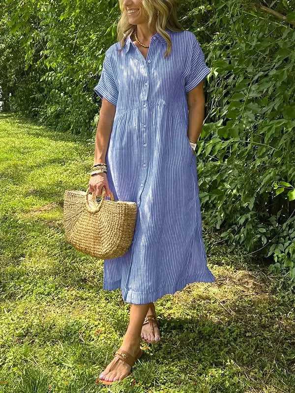 Victoria | Women’s Striped Button Front Midi Shirt Dress Luvy Boutique