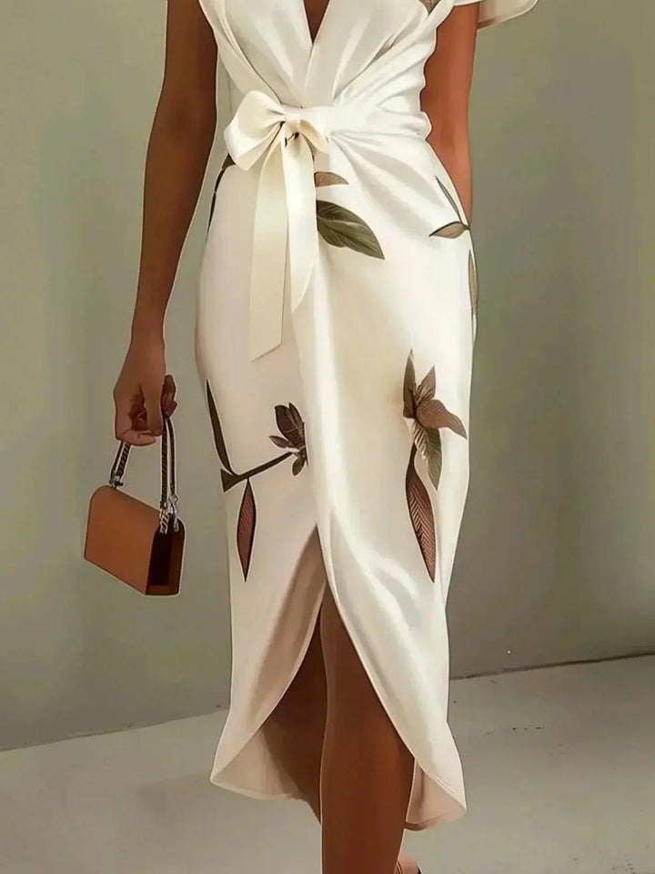 Evelyn | Women V Neck Tie Waist Midi Dress Luvy Boutique