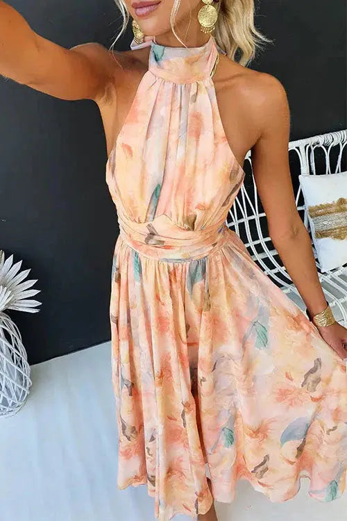 Sari - Long Halter Dress with Watercolour Pattern Luvy Boutique
