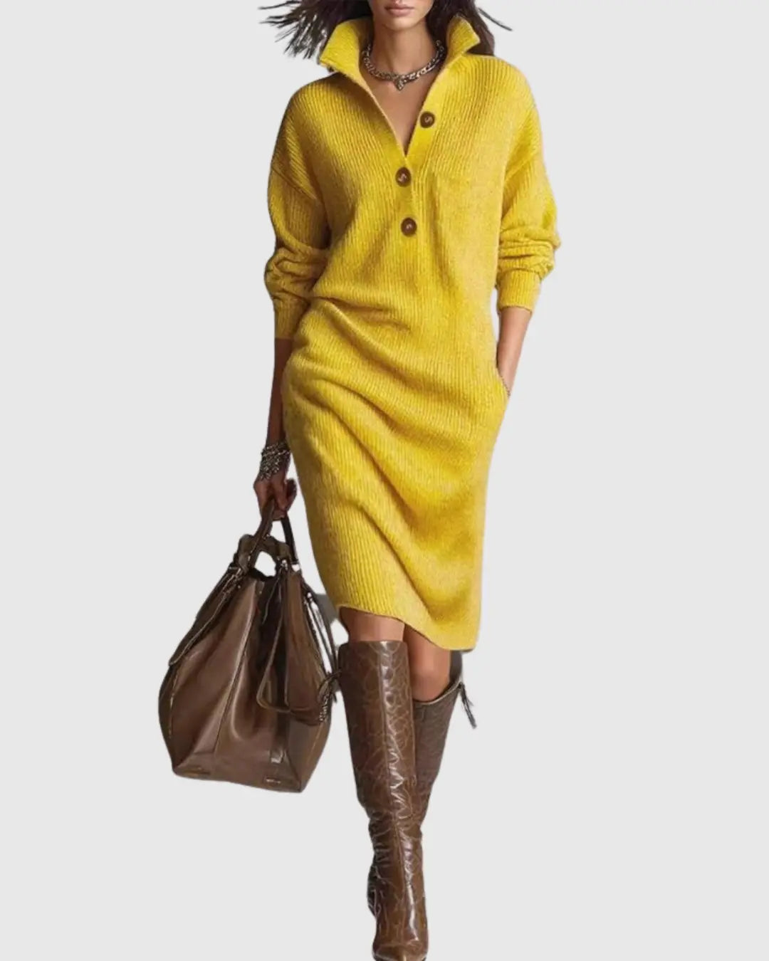 Addison | Women’s Button Collar Knit Midi Dress Luvy Boutique