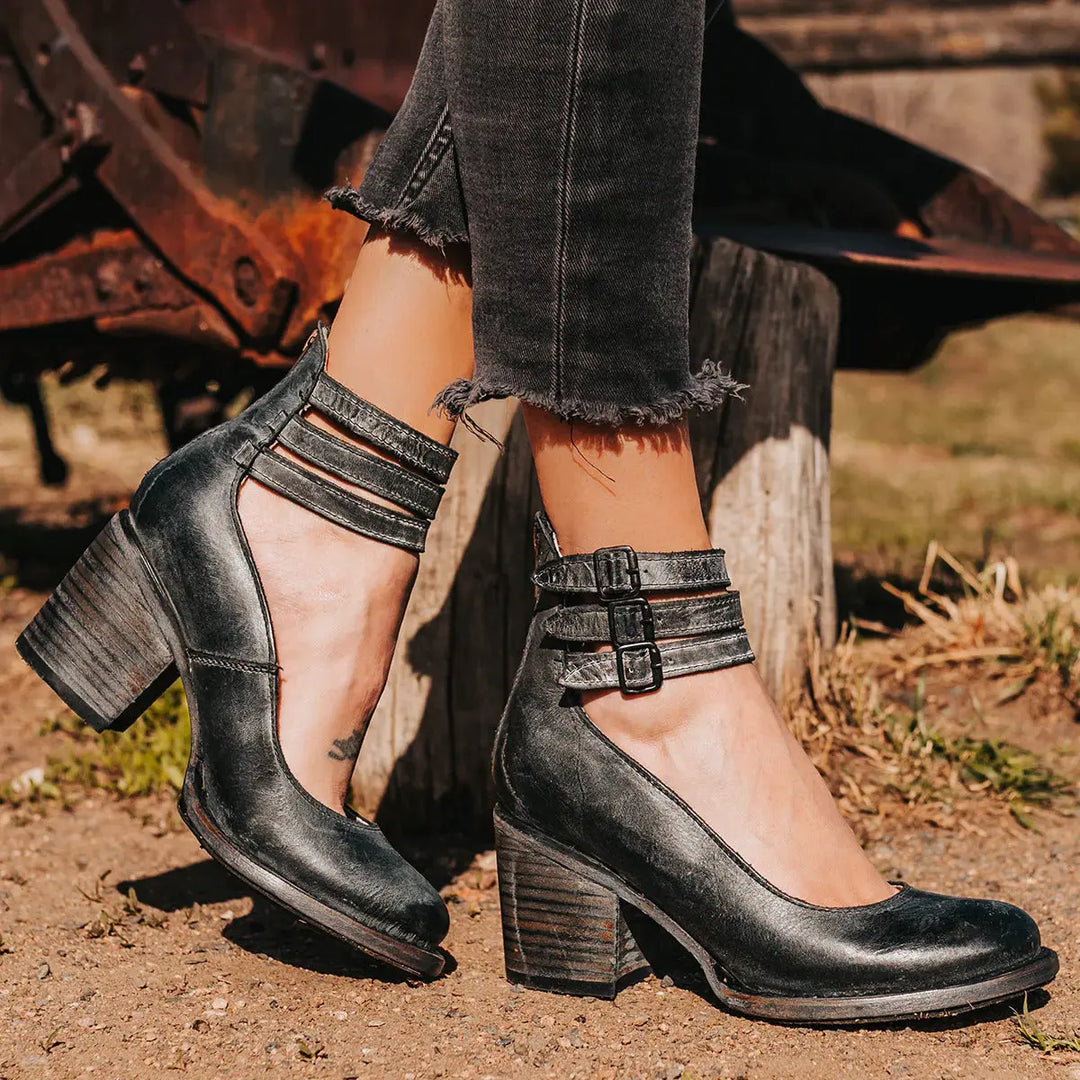 Brooklyn | Women's Strap Buckle Cutout Block Heel Shoes Luvy Boutique