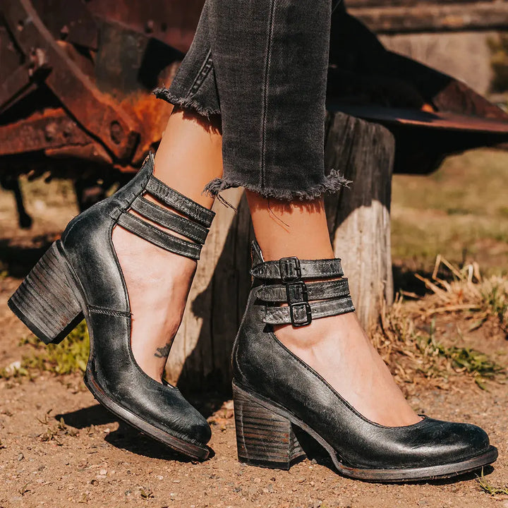 Brooklyn | Women's Strap Buckle Cutout Block Heel Shoes Luvy Boutique