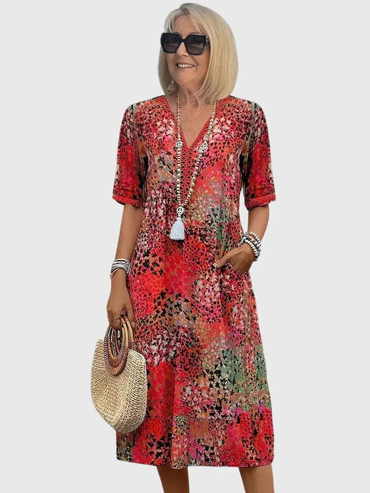 Bella | Womens Printed V Neck Midi Dress Luvy Boutique
