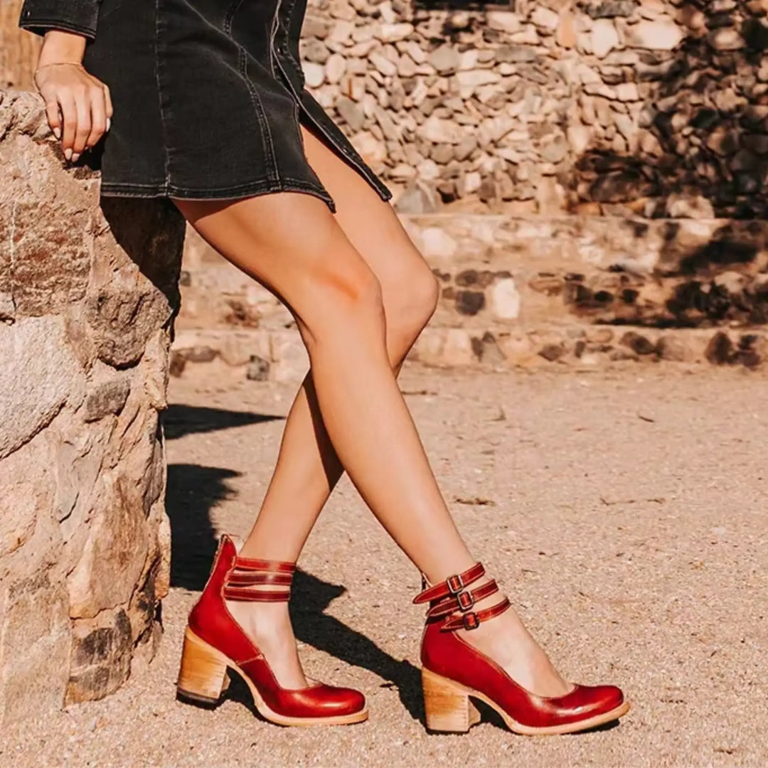 Brooklyn | Women's Strap Buckle Cutout Block Heel Shoes Luvy Boutique