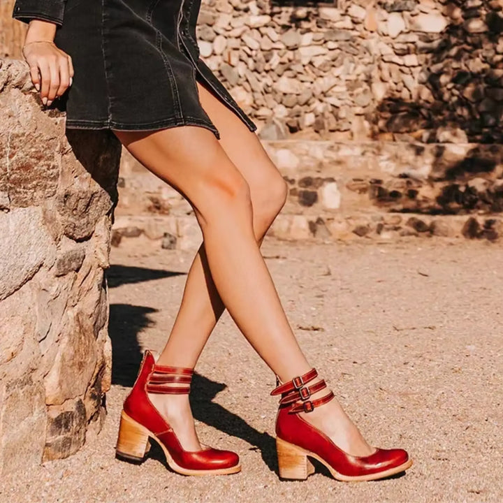 Brooklyn | Women's Strap Buckle Cutout Block Heel Shoes Luvy Boutique