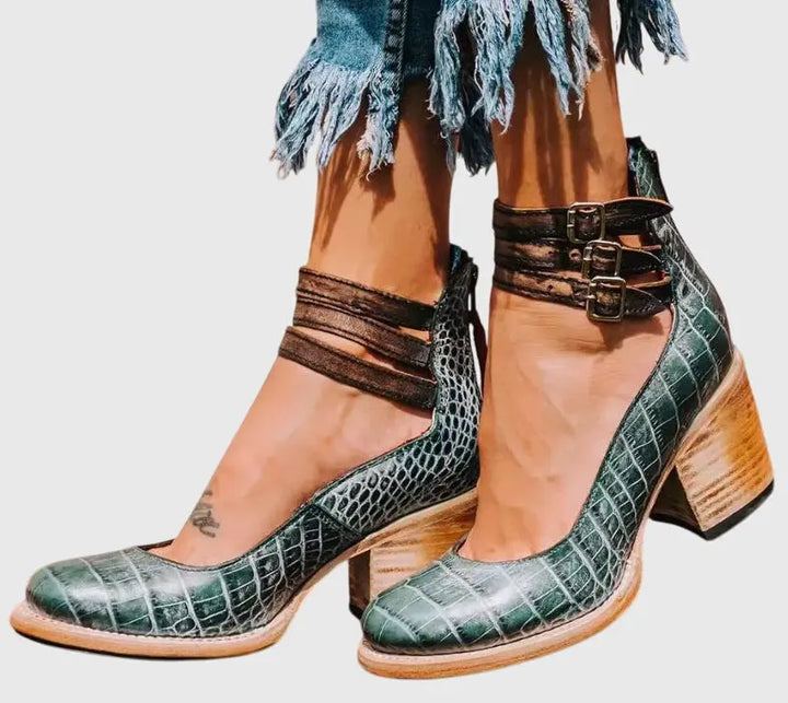 Amelia | Women’s Buckle Strap Block Heel Boots Luvy Boutique