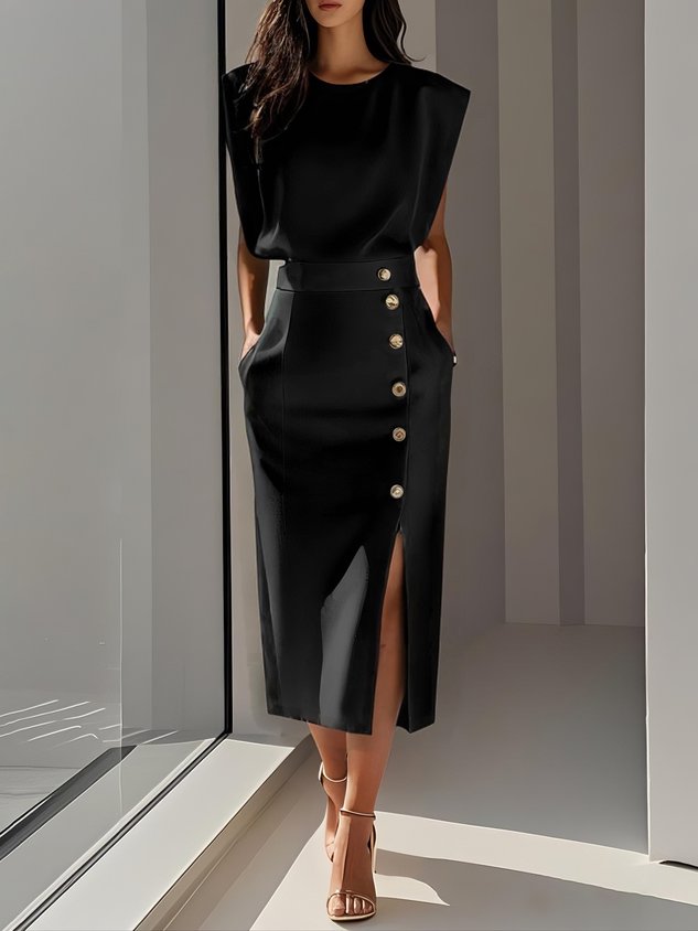 Caroline | Women’s Elegant Button Detail Midi Dress Luvy Boutique