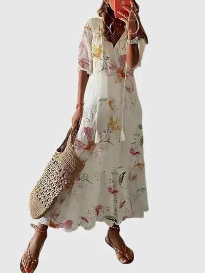 Ella | Women Printed Tassel V Neck Maxi Dress Luvy Boutique
