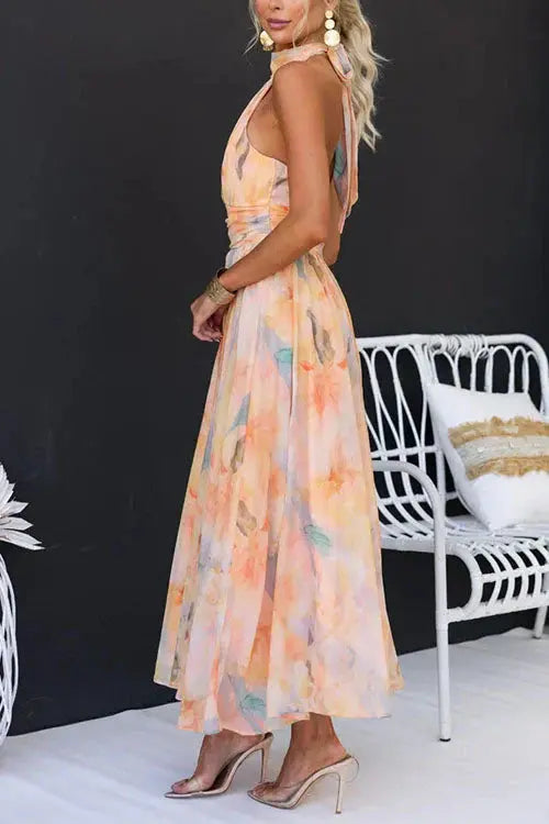 Sari - Long Halter Dress with Watercolour Pattern Luvy Boutique
