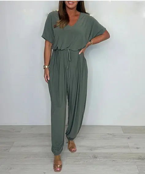 2025 Cotton jumpsuit with V-neck and tie belt Luvy Boutique