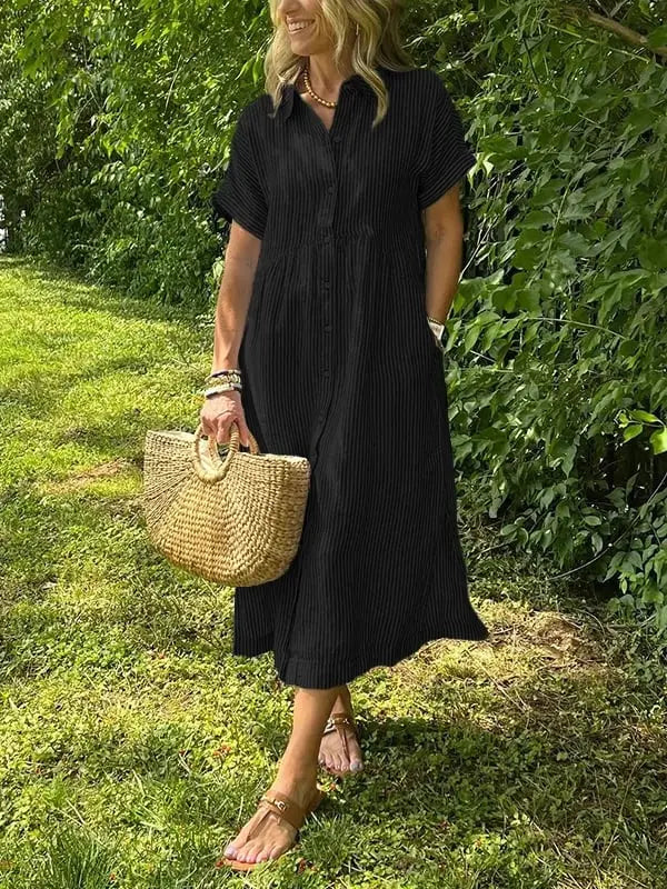 Victoria | Women’s Striped Button Front Midi Shirt Dress Luvy Boutique