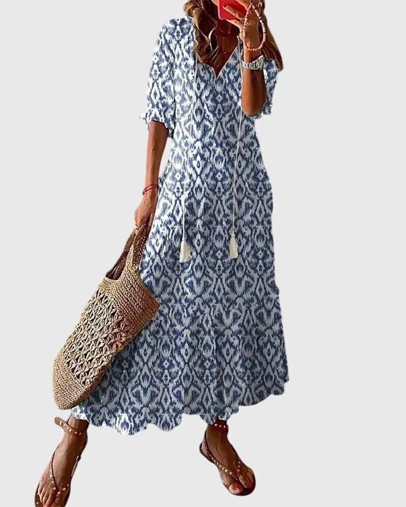 Ella | Women Printed Tassel V Neck Maxi Dress Luvy Boutique