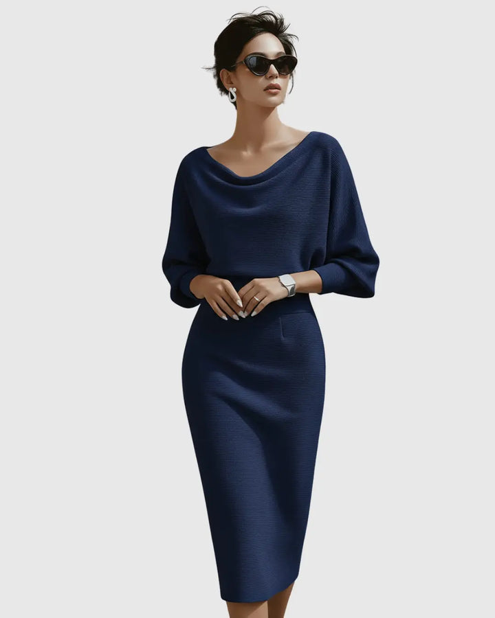Chloe | Womens Elegant Draped Knit Midi Dress Luvy Boutique