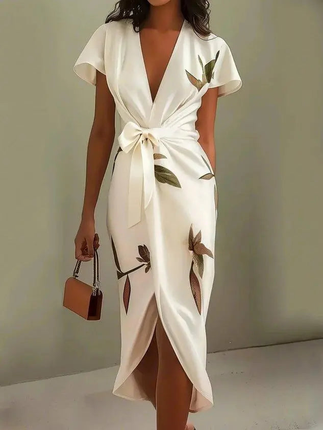 Evelyn | Women V Neck Tie Waist Midi Dress Luvy Boutique